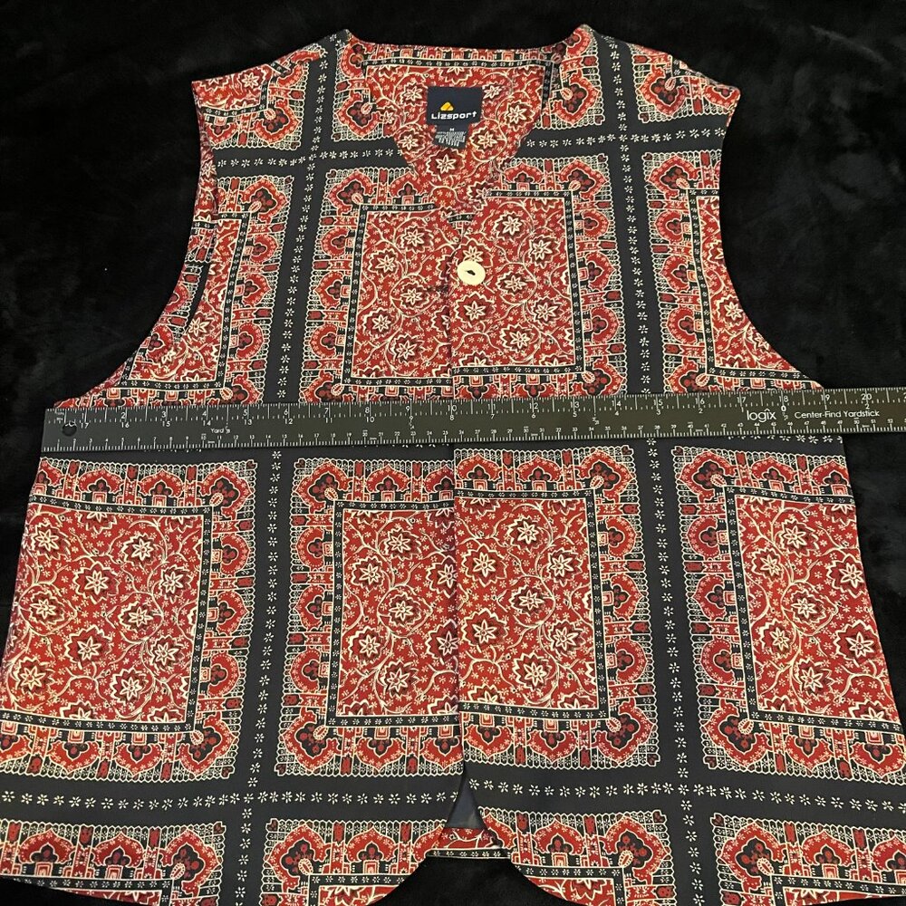 Lizsport Red Black Tapestry Print Vest Size M Boho Retro - Picture 3 of 7